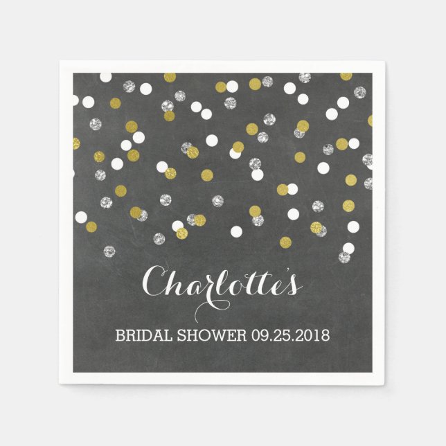 Gold Silver Chalkboard Confetti Bridal Shower Paper Napkins (Front)