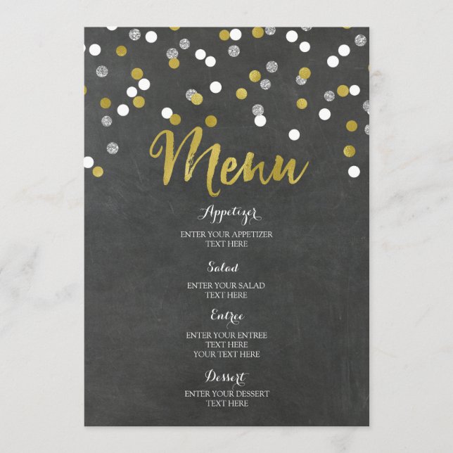 Gold Silver Chalkboard Confetti Wedding Menu (Front)