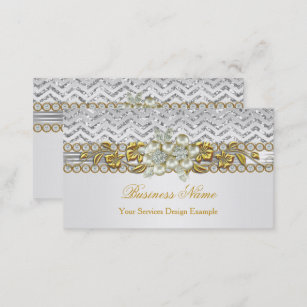 Gold Silver Chevron White Diamond Pearl Floral Business Card