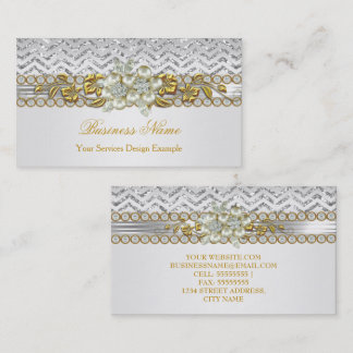 Gold Silver Chevron White Diamond Pearl Floral Business Card
