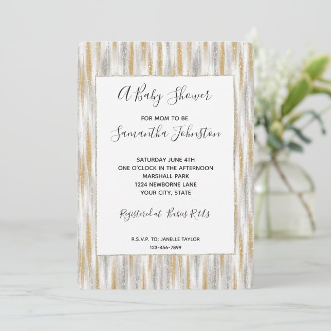 Gold Silver Chic Glam Glitzy Stripes Baby Shower Invitation (Standing Front)
