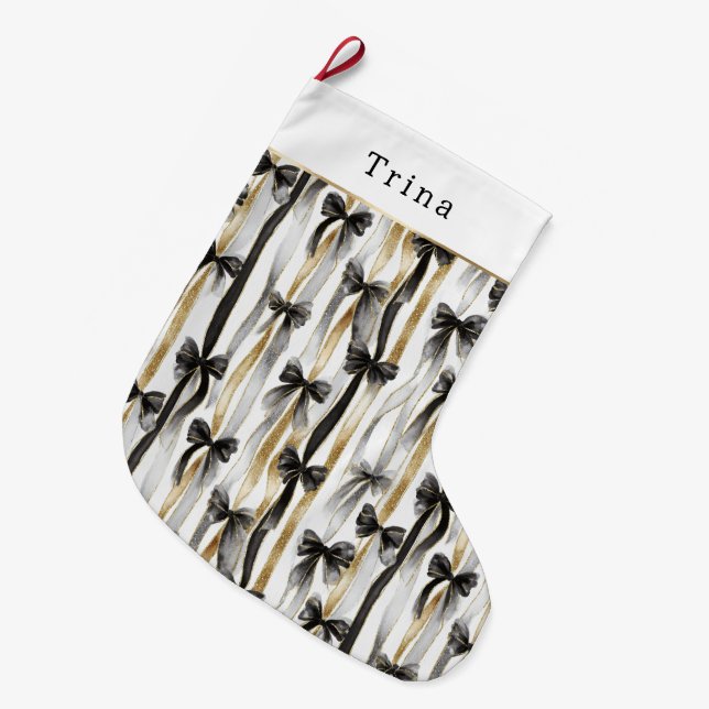 Gold Silver Christmas Black Ribbons & Bows Large Christmas Stocking (Front (Hanging))