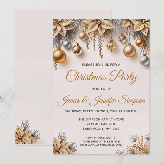 Gold Silver Christmas Tree Ornaments Party Invitation (Front/Back)