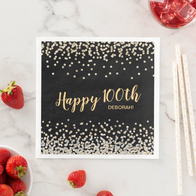 Gold Silver Confetti 100th Birthday Party Paper Dinner Napkins (Insitu)