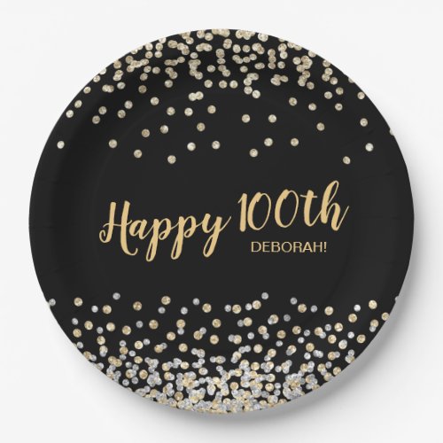 Gold Silver Confetti 100th Birthday Party Paper Plates