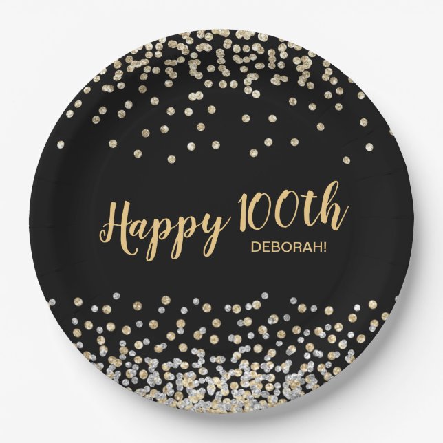 Gold Silver Confetti 100th Birthday Party Paper Plates (Front)