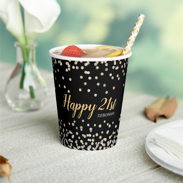Gold Silver Confetti 21st Birthday Party Paper Cups (Insitu)