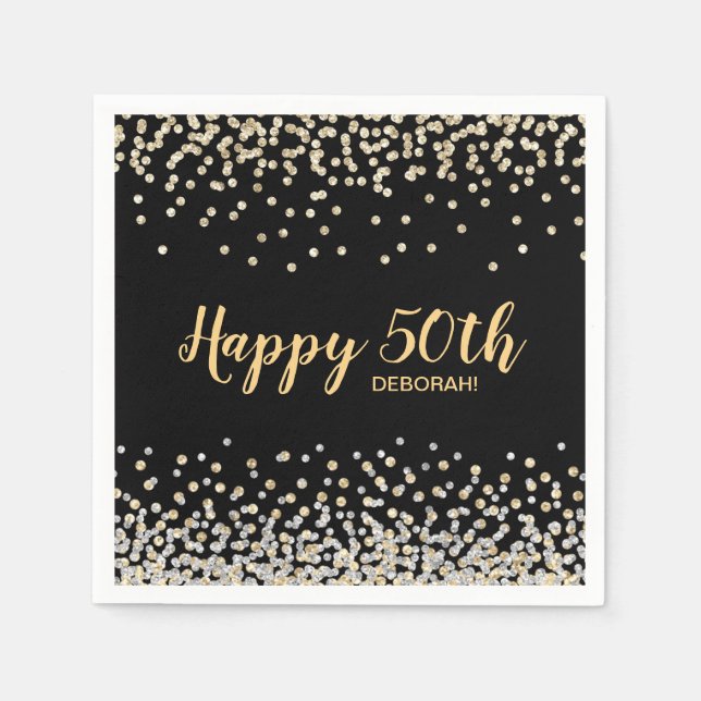Gold Silver Confetti 50th Birthday Party Napkins (Front)