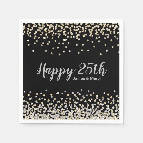 Gold Silver Confetti Custom 25th Anniversary Party Napkins