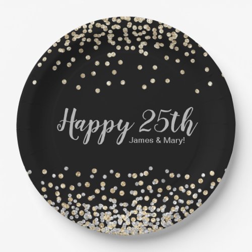 Gold Silver Confetti Custom 25th Anniversary Party Paper Plates