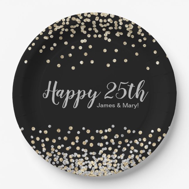 Gold Silver Confetti Custom 25th Anniversary Party Paper Plates (Front)
