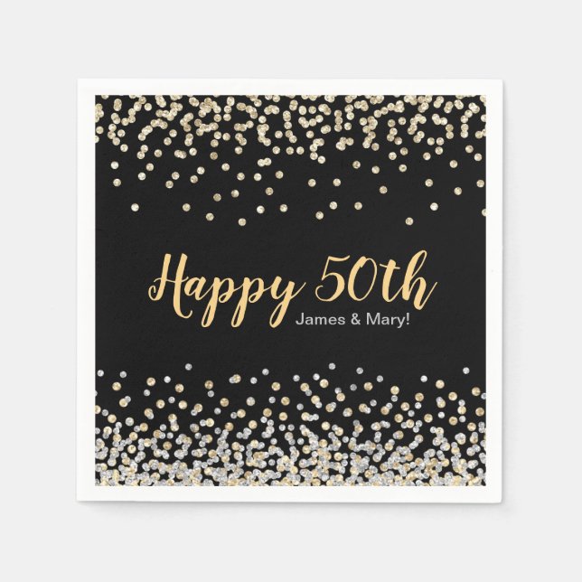 Gold Silver Confetti Custom 50th Anniversary Party Napkins (Front)