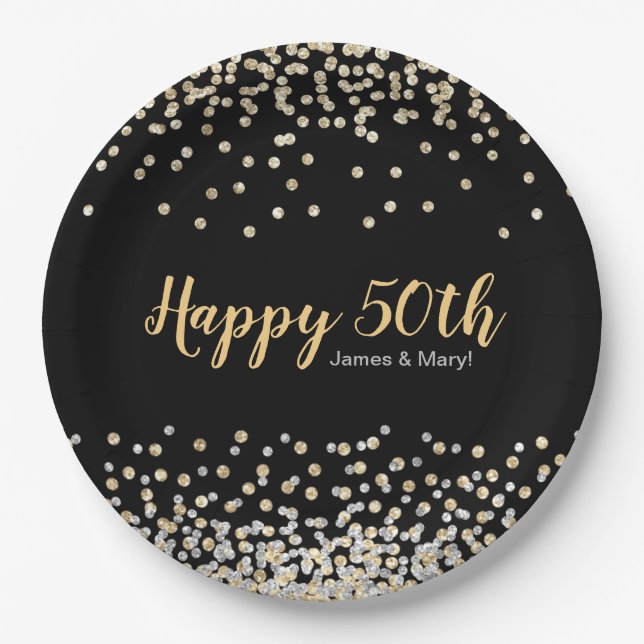 Gold Silver Confetti Custom 50th Anniversary Party Paper Plates (Front)