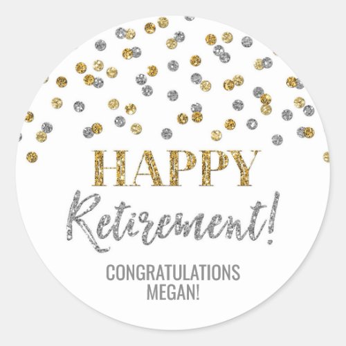 Gold Silver Confetti Happy Retirement Classic Round Sticker