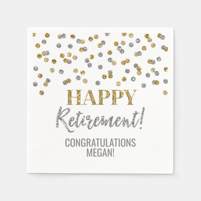 Gold Silver Confetti Happy Retirement Napkins (Front)