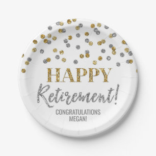 Gold Silver Confetti Happy Retirement Paper Plates