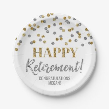 Gold Silver Confetti Happy Retirement Paper Plates by DreamingMindCards at Zazzle