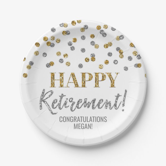 Gold Silver Confetti Happy Retirement Paper Plates (Front)