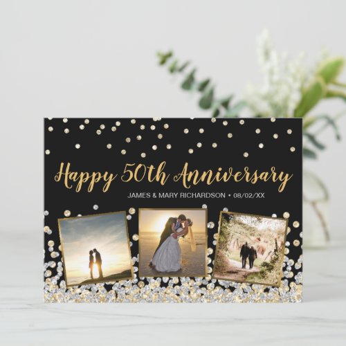 Gold Silver Confetti Photo 50th Anniversary Card