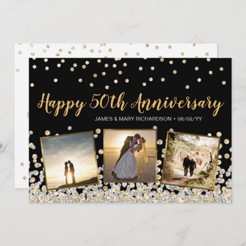 Gold Silver Confetti Photo 50th Anniversary Card