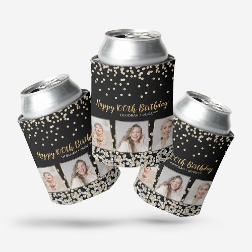 Gold Silver Confetti Photo Collage 100th Birthday Can Cooler