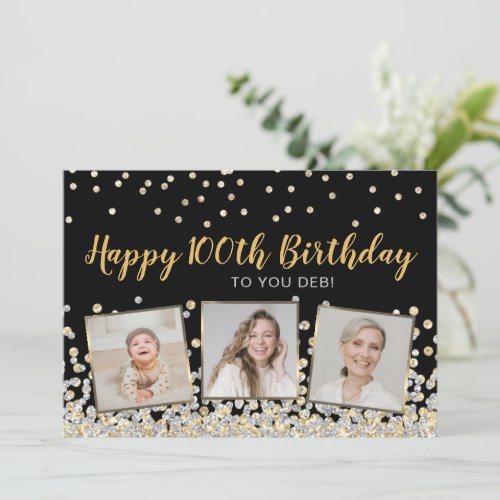 Gold Silver Confetti Photo Collage 100th Birthday Card