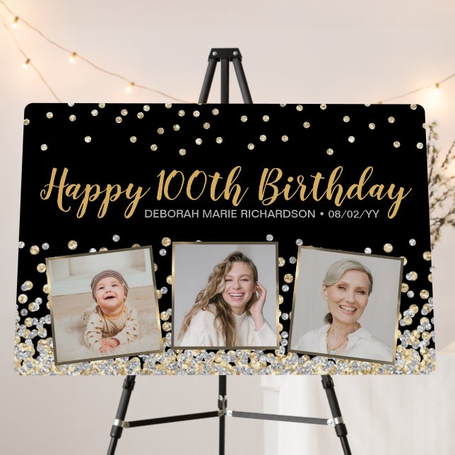 Gold Silver Confetti Photo Collage 100th Birthday Foam Board (In Situ (Stand))