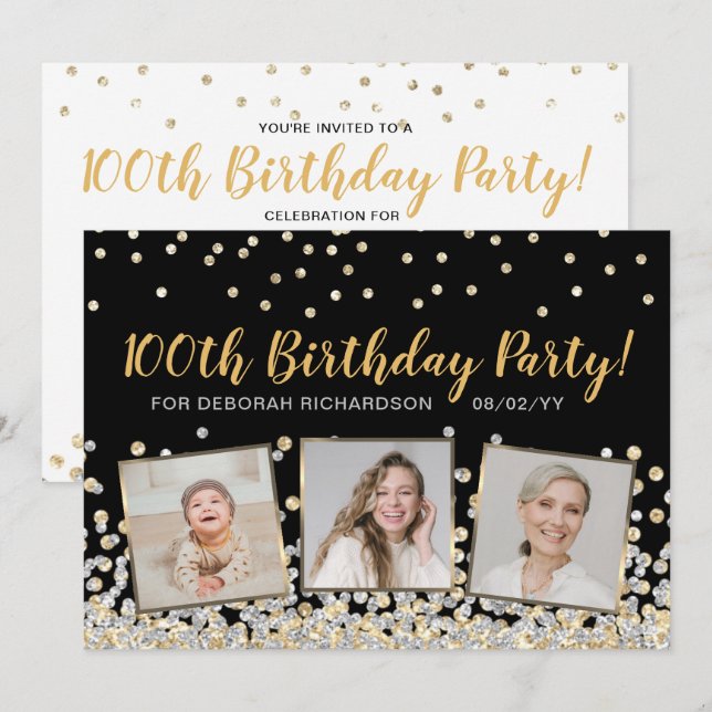 Gold Silver Confetti Photo Collage 100th Birthday Invitation (Front/Back)