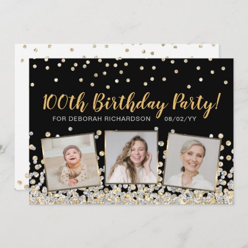 Gold Silver Confetti Photo Collage 100th Birthday Invitation