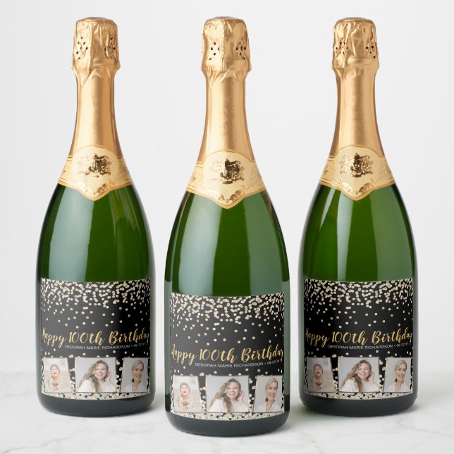 Gold Silver Confetti Photo Collage 100th Birthday Sparkling Wine Label (Bottles)