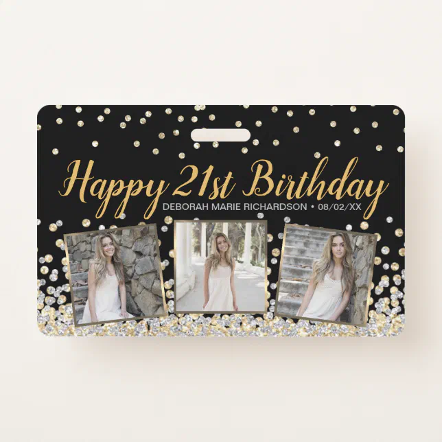 Gold Silver Confetti Photo Collage 21st Birthday Badge Zazzle