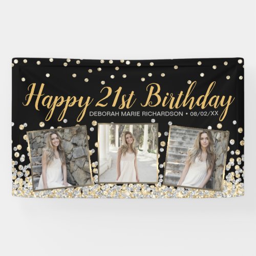 Gold Silver Confetti Photo Collage 21st Birthday Banner