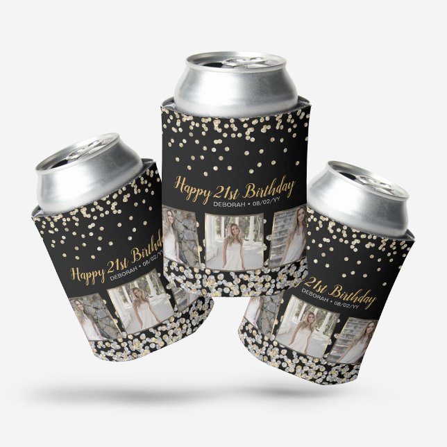Gold Silver Confetti Photo Collage 21st Birthday Can Cooler (Creator Uploaded)