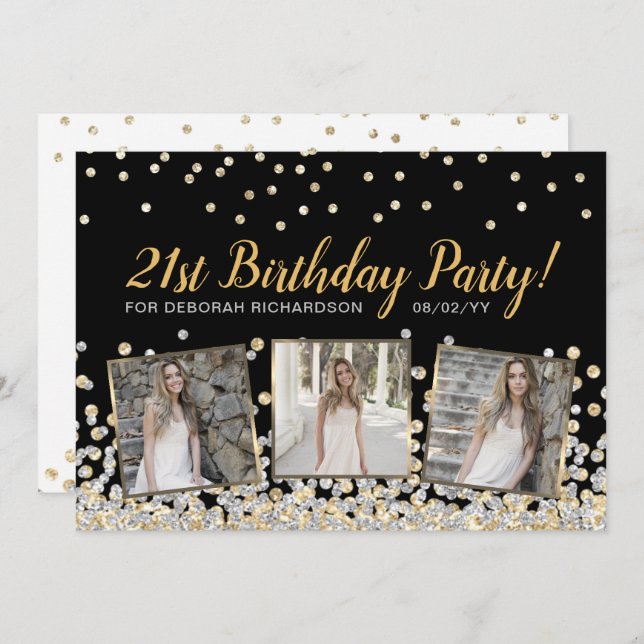 Gold Silver Confetti Photo Collage 21st Birthday Invitation (Front/Back)