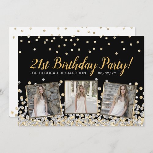 Gold Silver Confetti Photo Collage 21st Birthday Invitation