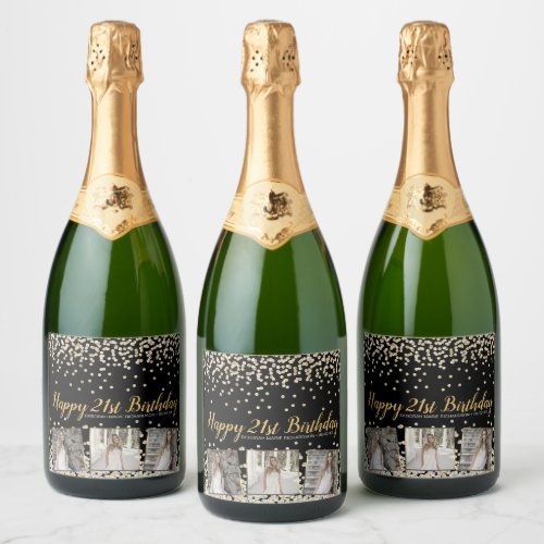Gold Silver Confetti Photo Collage 21st Birthday Sparkling Wine Label