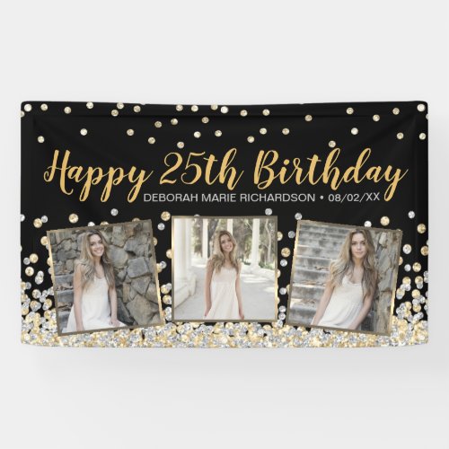 Gold Silver Confetti Photo Collage 25th Birthday Banner