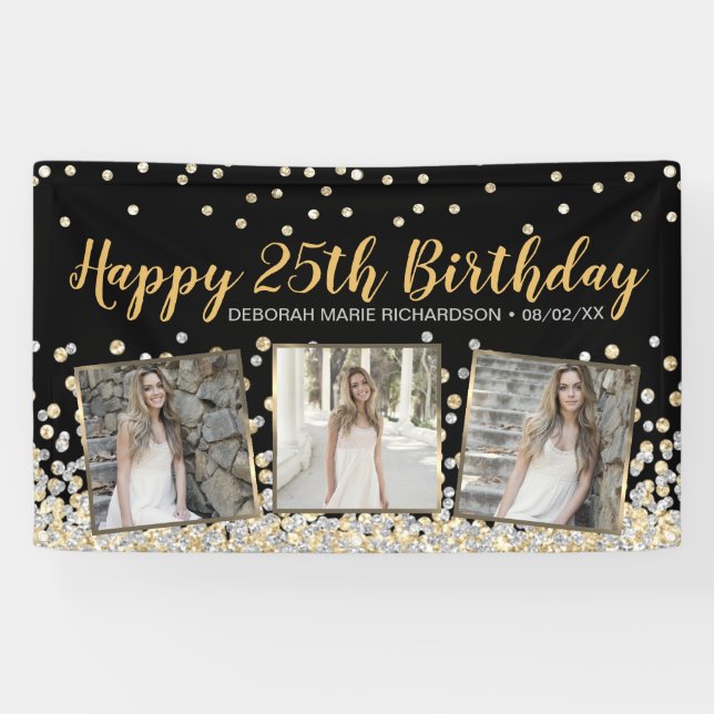 Gold Silver Confetti Photo Collage 25th Birthday Banner (Horizontal)
