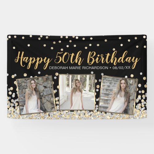 Gold Silver Confetti Photo Collage 50th Birthday Banner