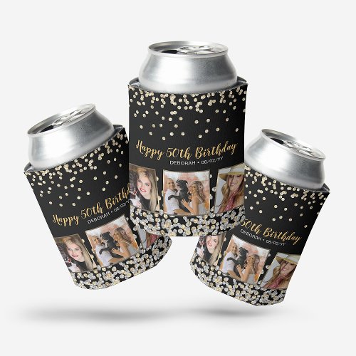 Gold Silver Confetti Photo Collage 50th Birthday Can Cooler