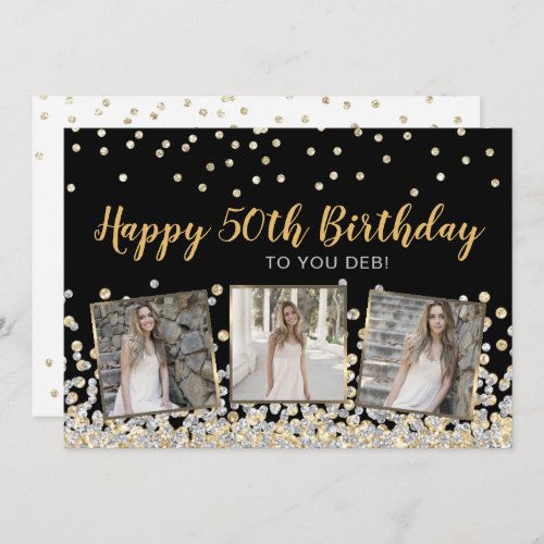 Gold Silver Confetti Photo Collage 50th Birthday Card