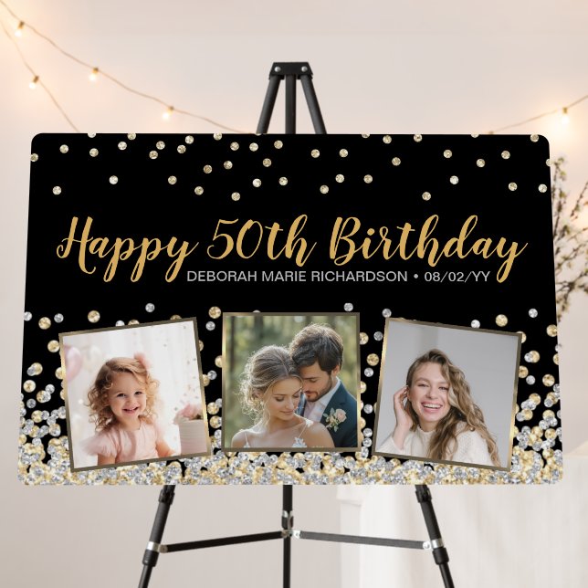 Gold Silver Confetti Photo Collage 50th Birthday Foam Board (In Situ (Stand))