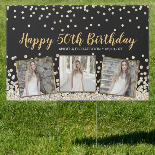 Gold Silver Confetti Photo Collage 50th Birthday Sign