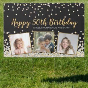 Gold Silver Confetti Photo Collage 50th Birthday Sign