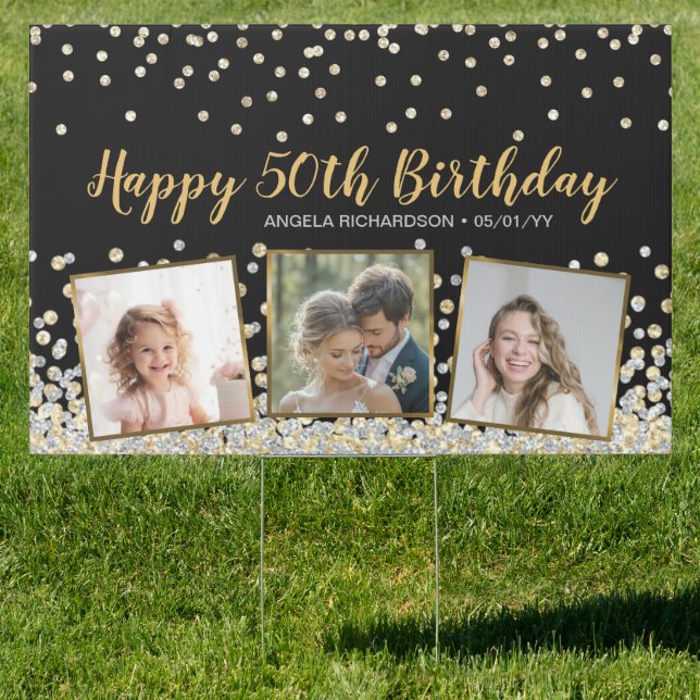 Gold Silver Confetti Photo Collage 50th Birthday Sign (Insitu)