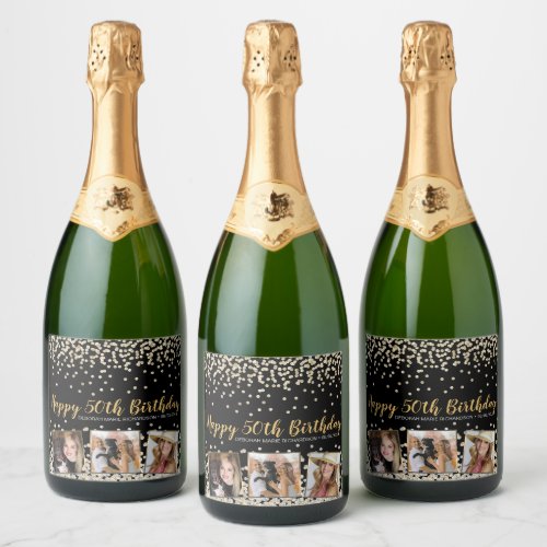 Gold Silver Confetti Photo Collage 50th Birthday Sparkling Wine Label