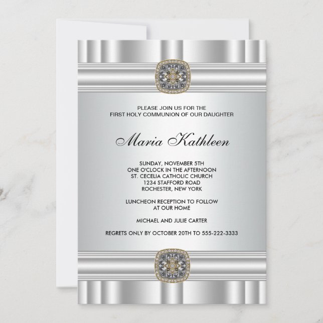 Gold Silver Cross Girls First Communion Invitation (Front)