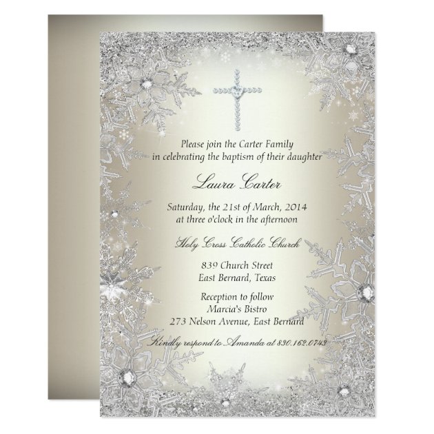 Gold Silver Crystal Snowflake Baptism/Christening Invitation