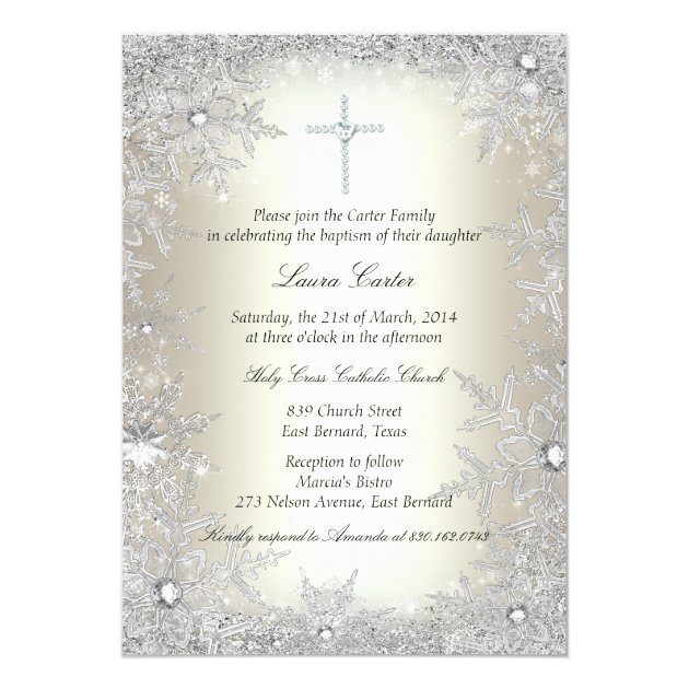 Gold Silver Crystal Snowflake Baptism/Christening Invitation