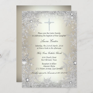 Gold Silver Crystal Snowflake Baptism/Christening Invitation